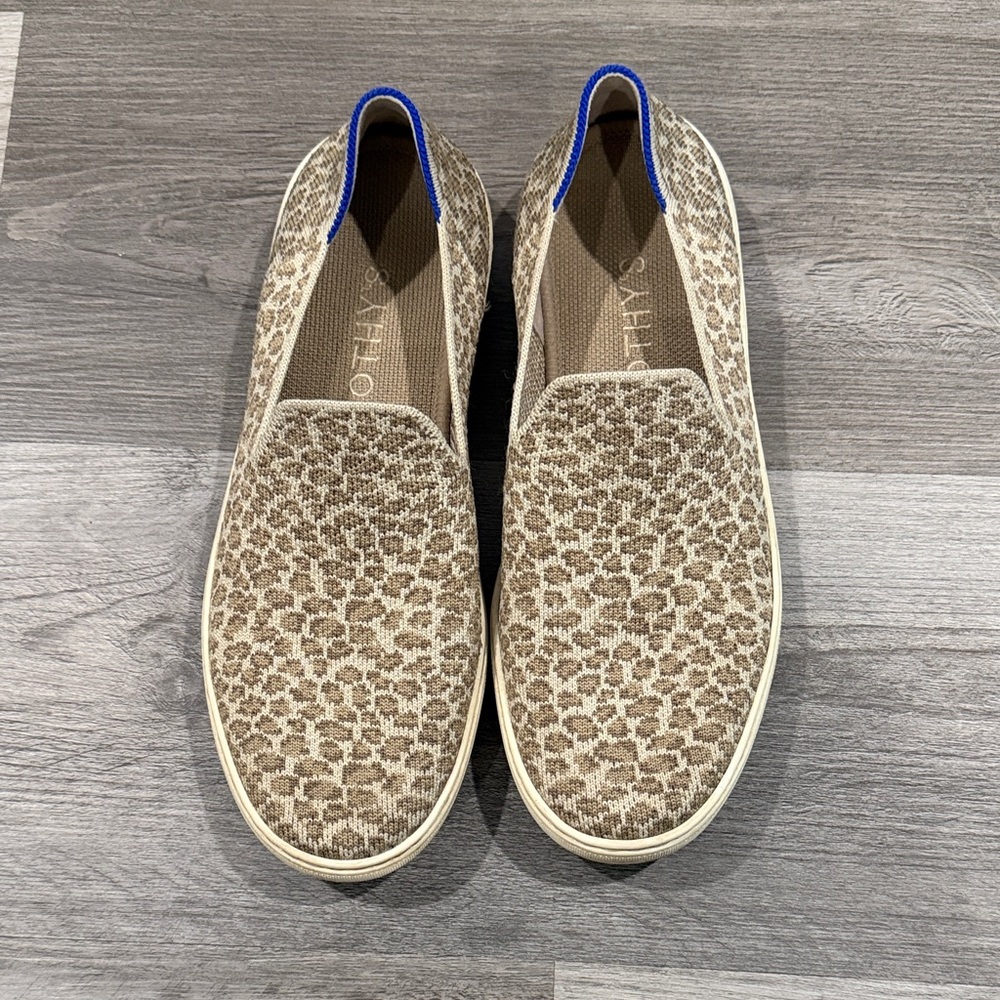 Rothy's Beige Leopard-Print Slip-On Sneakers with Blue Trim